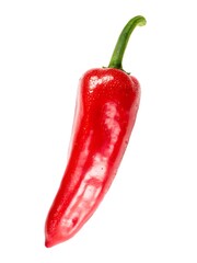 A vibrant red chili pepper with a glossy sheen and water droplets is isolated on a clean white background, showcasing its fresh texture and natural appeal for culinary use