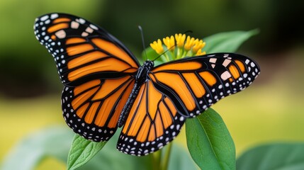 Fototapeta premium Vibrant Monarch Butterfly Resting Gracefully on Yellow Flower in Nature's Garden