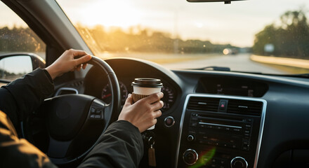 Driving on a highway at sunset while enjoying a warm coffee in a travel mug