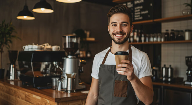 Barista serving coffee at a modern cafe with warm lighting in the afternoon