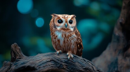 Enigmatic owl perched on a textured log showcasing vibrant feathers in a serene forest setting
