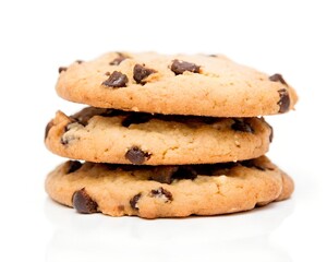 A stack of three delicious chocolate chip cookies, perfectly baked with a golden brown color and visible chocolate chunks, presented against a clean white background for a tempting bakery or dessert