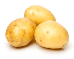 Three fresh, golden potatoes with textured skin are artfully arranged on a clean white background, highlighting their natural earthy appeal and versatility in cooking.