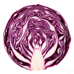 Detailed cross-section of vibrant red cabbage revealing intricate layers of purple and white, showcasing its natural texture and organic patterns for healthy cuisine and food concepts