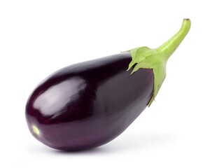 A single ripe, glossy purple eggplant with a vibrant green stem and calyx rests against a clean white background, showcasing its smooth, dark skin and natural form.
