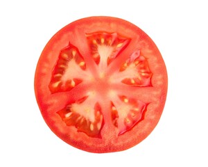 Close-up of a juicy, red tomato slice revealing its fresh, vibrant interior with visible seeds and pulp, set against a clean white background for a crisp, appetizing presentation
