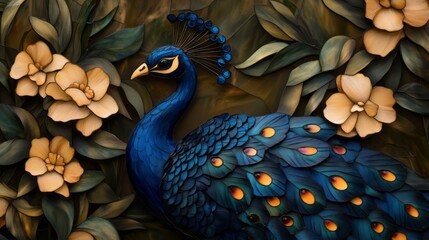 Fototapeta premium Vibrant Peacock Amidst Lush Floral Background in Artistic Design with Bold Colors