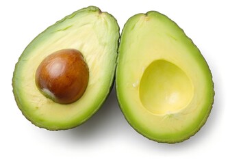 Fresh ripe avocado cut in half revealing creamy green flesh and a large brown seed, presented on a clean white background with subtle shadow, highlighting its healthy texture and vibrant color