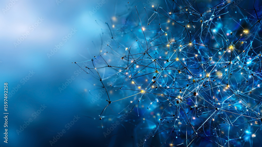 Poster explore the intricate web of connections depicted in this stunning blue digital network image, showc