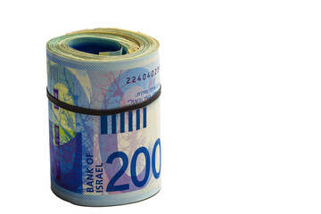 Money new Israeli shekel. Rolled 200 banknotes stand on a transparent background.