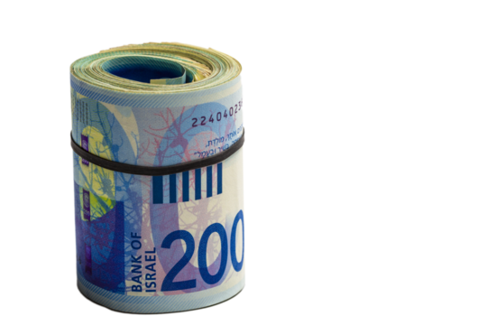 Money new Israeli shekel. Rolled 200 banknotes stand on a transparent background.