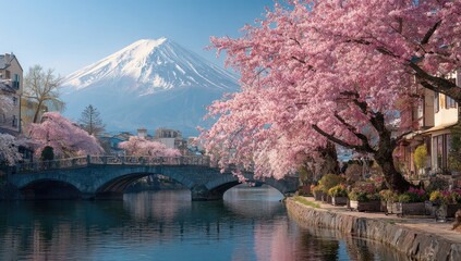 Naklejka premium Cherry blossoms, Mt. Fuji, and a canal
