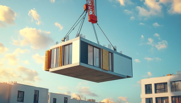 Modern building construction with crane at sunset.