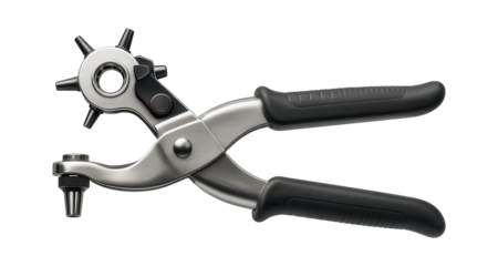 Heavy-duty leather hole punch with an adjustable rotary head for various belt sizes.