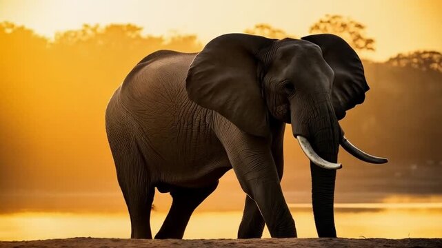 A majestic elephant standing near water at sunset with golden light in the background scenery animal video