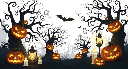 Spooky Halloween night with glowing pumpkins, bats, and eerie trees creates a festive and haunting atmosphere perfect for holiday promotions