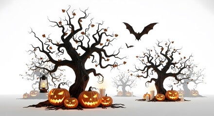 Halloween scene with spooky trees, pumpkins, candles, lantern and bats creating a festive and eerie atmosphere for seasonal celebrations