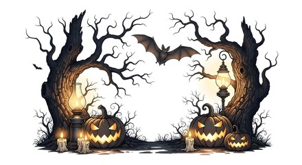 Halloween night scene with pumpkins, candles, bat, lanterns, and spooky trees against a white backdrop creates a chilling atmosphere