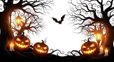 Halloween Night Scene with Jack-o'-Lanterns, Candles, Lanterns, Bare Trees, and a Bat against a White Background Creates a Spooky Atmosphere