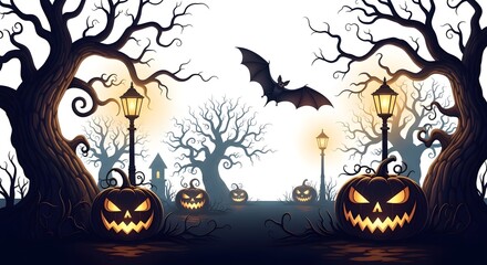 Spooky Halloween Scene Featuring Jack-o'-Lanterns, Bare Trees, Street Lamps, and a Bat Against a White Sky Backdrop