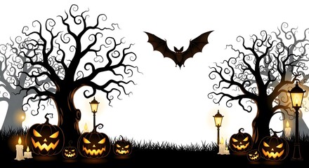 Halloween night scene with scary pumpkins, a bat, and spooky trees lit by the warm glow of old-fashioned lanterns in the dark background