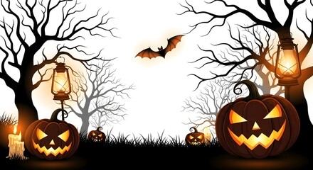 Halloween night scene with glowing pumpkins, bat and lanterns in a spooky forest creating a fun atmosphere for holiday celebrations