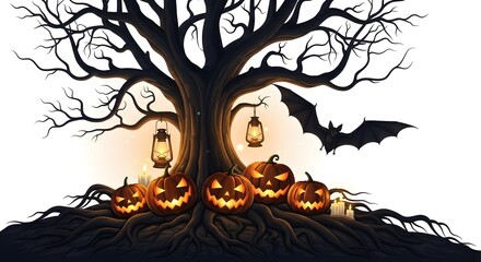 Spooky Halloween Scene with Pumpkins, Lanterns and Bare Tree Perfect for Festive Celebrations and Themed Events Featuring Halloween Elements