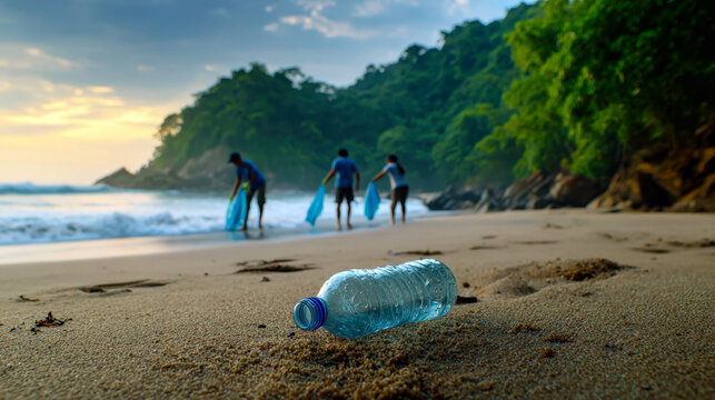 Volunteers collect plastic waste along a beach, highlighting the global crisis of ocean pollution.