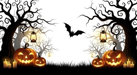 Spooky Halloween Scene with Jack-o'-Lanterns, Candles, Bat, Lanterns, and Bare Trees Against a White Background with Black Silhouette