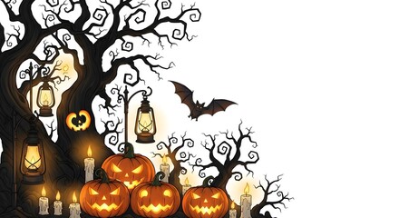 Spooky Halloween Scene with Pumpkins, Lanterns, Bat and Bare Trees Against White Background for Holiday Celebrations and Festive Events