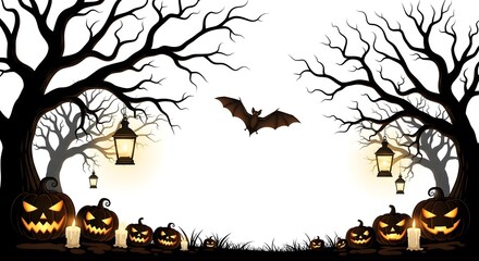 Halloween night scene featuring pumpkins with spooky faces, candles, hanging lanterns, bare trees and a bat flying across a white sky