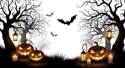 Spooky Halloween night scene with glowing pumpkins, bats flying under bare trees, lanterns, and candles casting eerie light on dark background