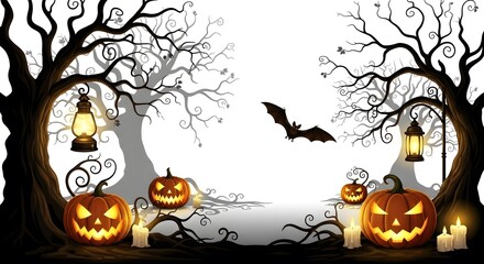 Spooky Halloween night scene featuring carved pumpkins, candles, lantern, and a bat flying in front of creepy trees against white background