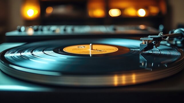 Record players and turntables spinning vinyl records, vintage aesthetic combined with modern studio setting, warm tones, tactile music listening experience evoked in stylish composition