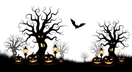 Spooky Halloween night scene with glowing pumpkins, silhouetted trees, and a bat flying against a white backdrop for a festive holiday mood