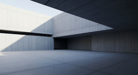 Empty industrial garage with modern architecture, blue sky, and ample commercial space