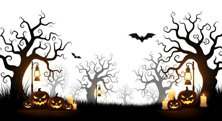 Halloween night scene with spooky trees, bats, glowing pumpkins, candles, and vintage lanterns casting eerie light in the darkness
