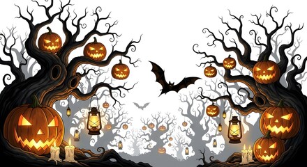 Halloween pumpkins and bats are featured in a spooky forest scene with bare trees and glowing lanterns, creating a festive atmosphere