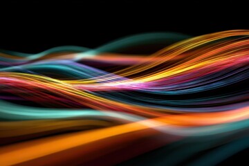 Abstract light streaks flow on black backdrop. Modern tech, website headers use