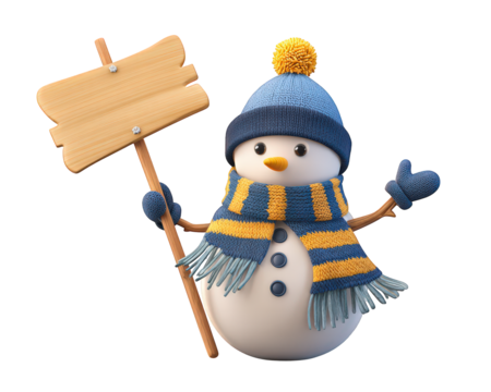 Snowman wearing blue hat and striped scarf holding wooden signboard, isolated on transparency background, cheerful winter decoration, festive holiday character, cute seasonal mascot