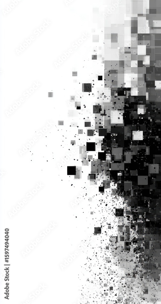 Fototapete Abstract grayscale image of pixelated squares exploding or dispersing