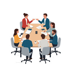 A group of diverse professionals sit around a conference table, engaged in a meeting, discussing documents and ideas.