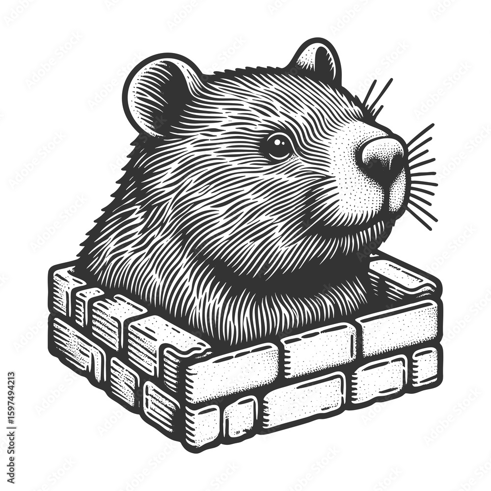 Poster wombat head popping out of a small rectangular brick wall enclosure, looking forward sketch engravin