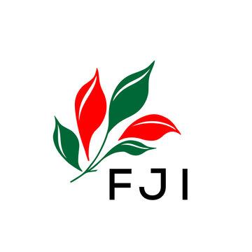FJI Minimalist Red and Green Leaf Logo Design with FJI  Text, FJI Later Logo, Modern Nature Inspired Logo with Red and Green Leaves. 
