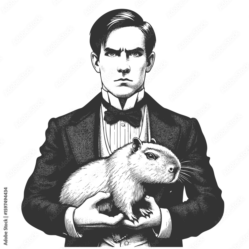 Poster man in a tuxedo holding a calm capybara sketch engraving generative ai fictional character raster il