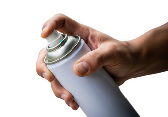 Hand holding white spray can pressing nozzle isolated on transparent background