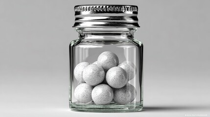 Glass Jar with Silver Balls on Light Gray Surface