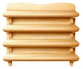 Classic wooden tiered shelving unit with ornate brackets isolated on transparent background