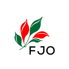 FJO Minimalist Red and Green Leaf Logo Design with FJO  Text, FJO Later Logo, Modern Nature Inspired Logo with Red and Green Leaves. 
