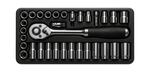 Ratchet and socket set with metric and SAE sizes for an automotive repair garage.